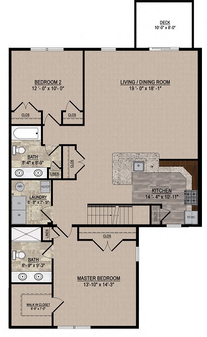Floor plan for 2 beds, 2 baths, 1225 sqft